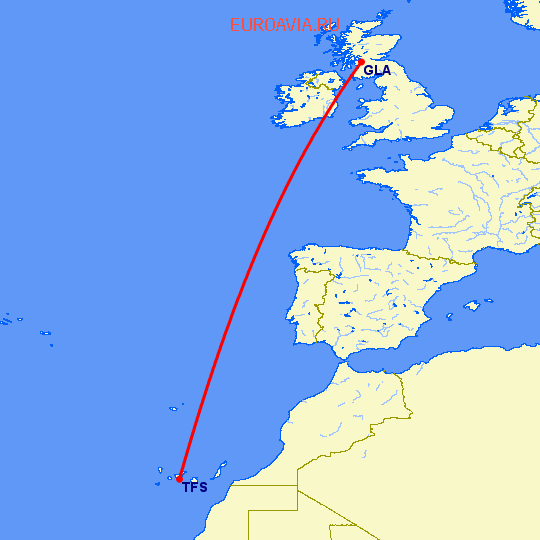 перелет Тенерифе — Глазго на карте