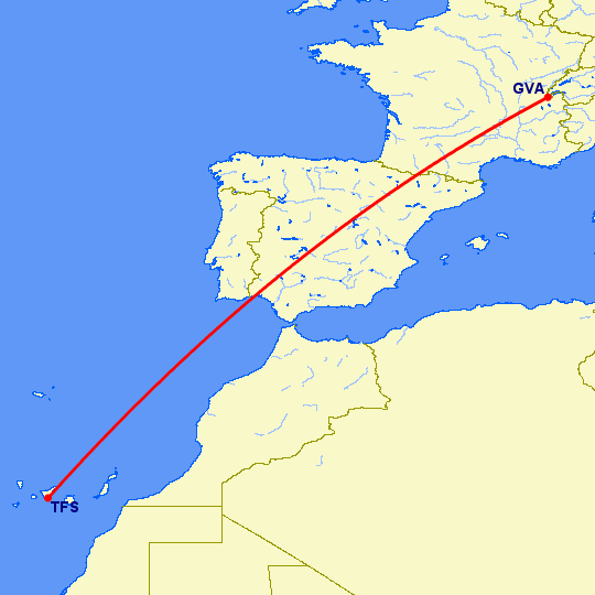 перелет Тенерифе — Женева на карте