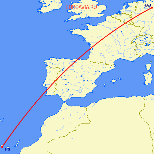 перелет Тенерифе — Ганновер на карте