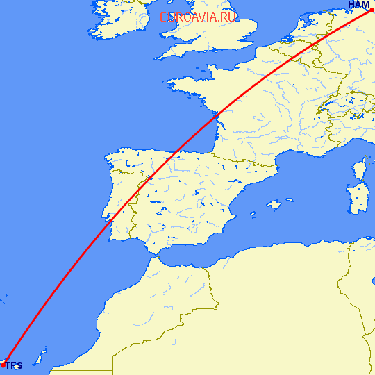 перелет Тенерифе — Гамбург на карте