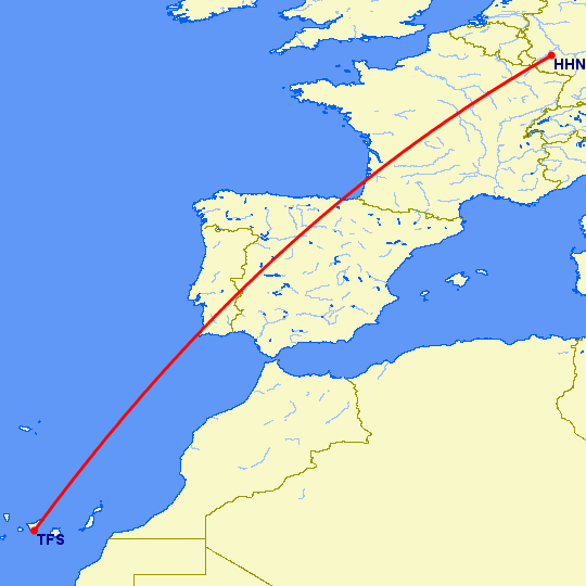 перелет Тенерифе — Hahn на карте