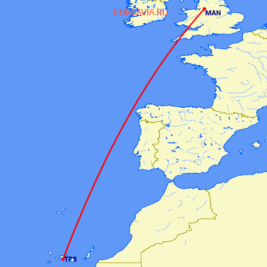 перелет Тенерифе — Манчестер на карте