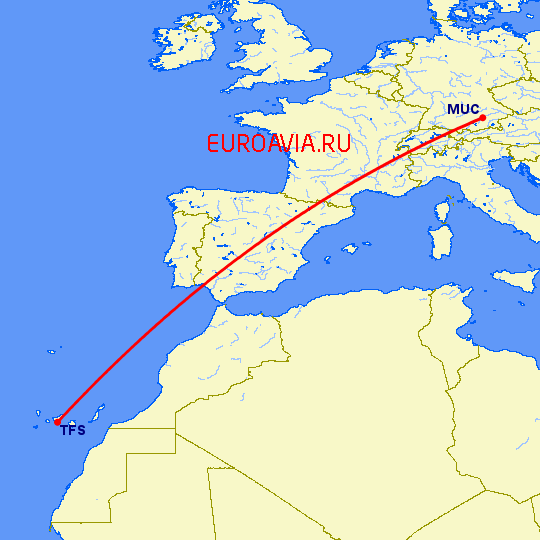 перелет Тенерифе — Мюнхен на карте
