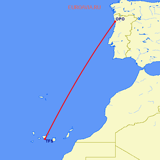 перелет Тенерифе — Порту на карте