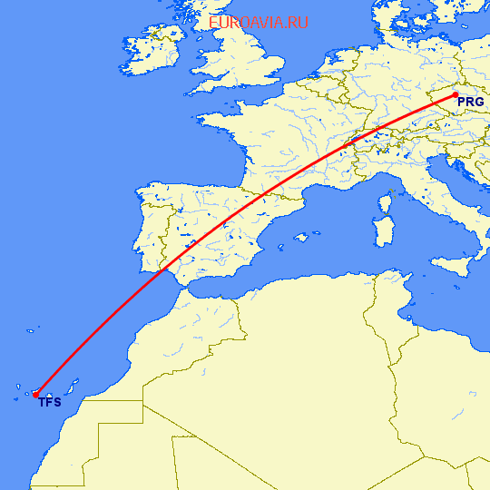 перелет Тенерифе — Прага на карте