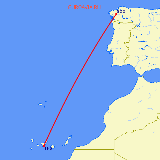 перелет Тенерифе — Сантьяго де Компостела на карте
