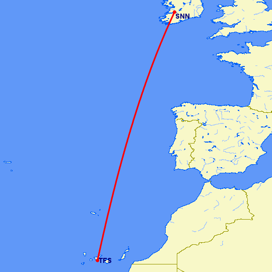 перелет Тенерифе — Шеннон на карте