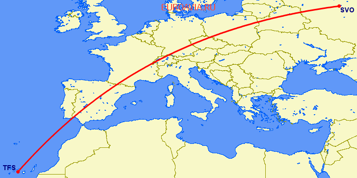 перелет Тенерифе — Москва на карте