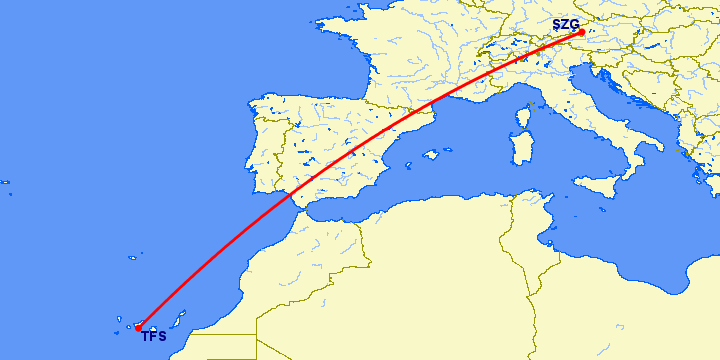 перелет Тенерифе — Зальцбург на карте