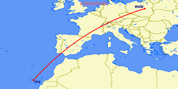 перелет Тенерифе — Варшава на карте
