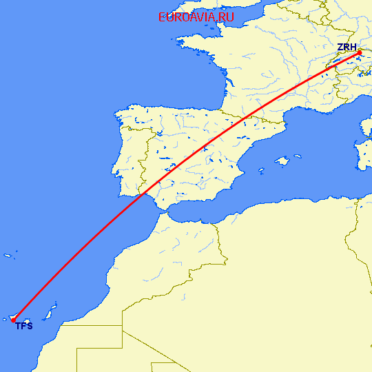 перелет Тенерифе — Цюрих на карте