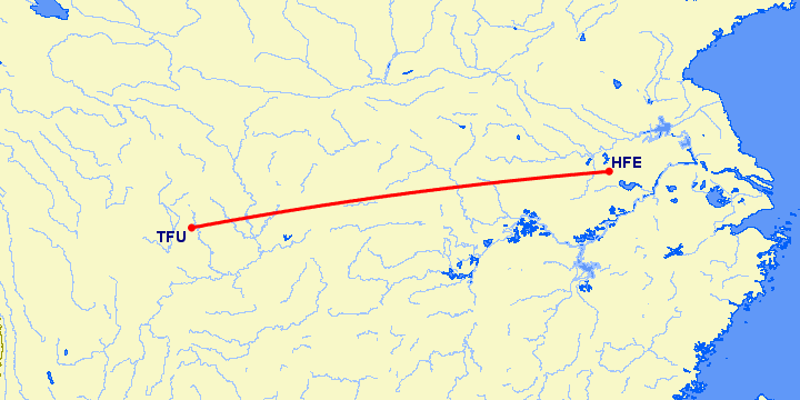 перелет Чэнду Тяньфу — Хефей на карте