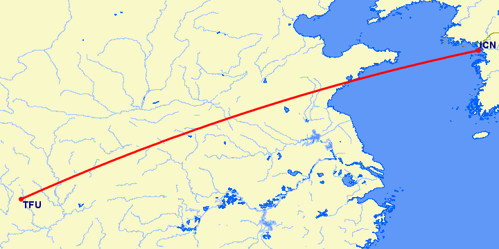 перелет Чэнду Тяньфу — Сеул на карте