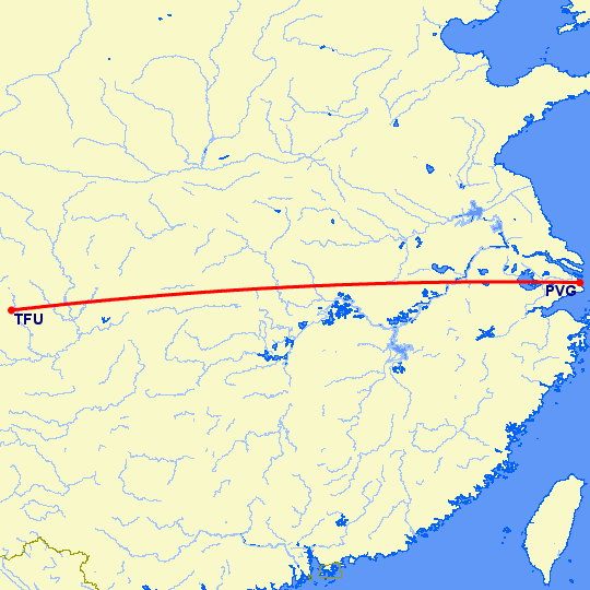 перелет Чэнду Тяньфу — Шанхай на карте
