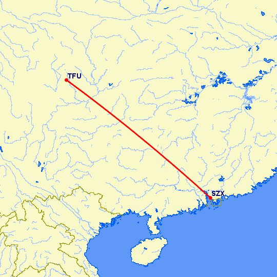 перелет Чэнду Тяньфу — Шэньчжэнь на карте