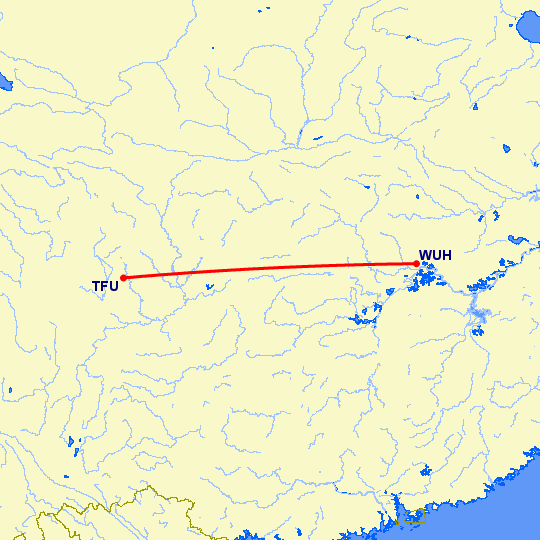 перелет Чэнду Тяньфу — Вухан на карте
