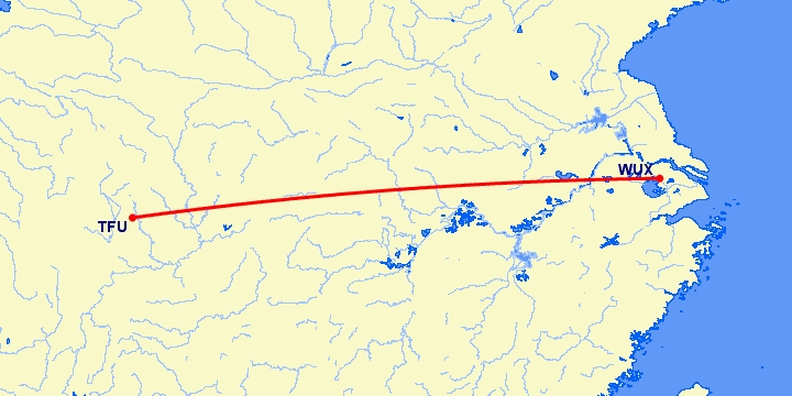 перелет Чэнду Тяньфу — Вуси на карте