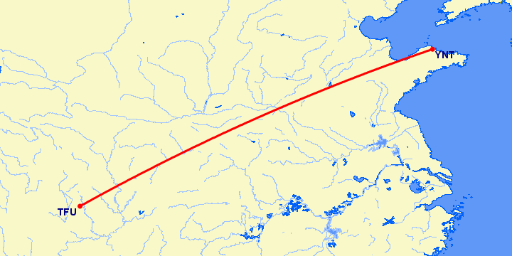 перелет Чэнду Тяньфу — Янтай на карте