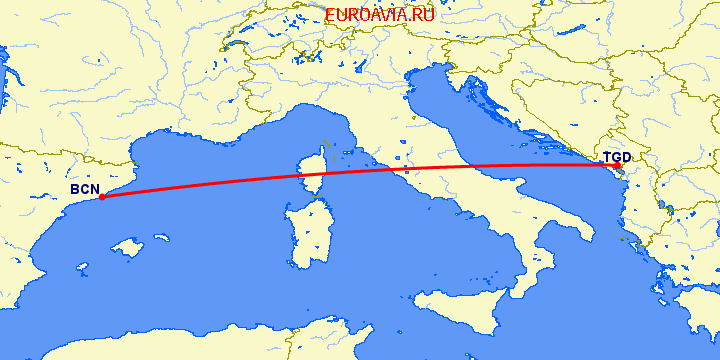 перелет Подгорица — Барселона на карте