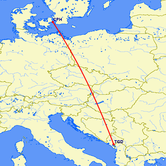 перелет Подгорица — Копенгаген на карте