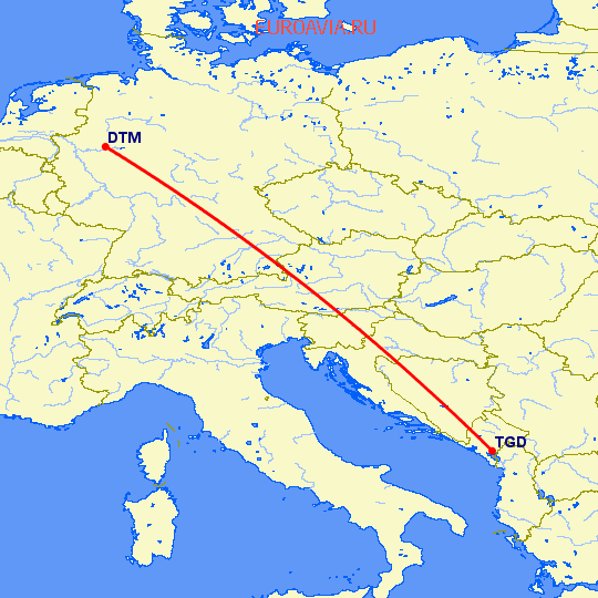 перелет Подгорица — Дортмунд на карте