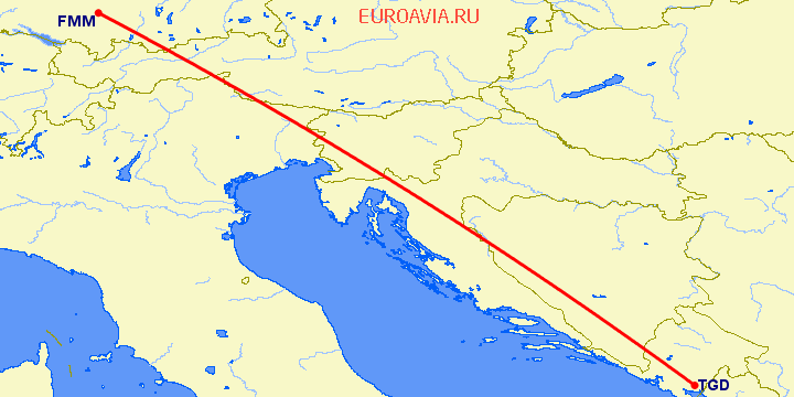 перелет Подгорица — Мемминген на карте