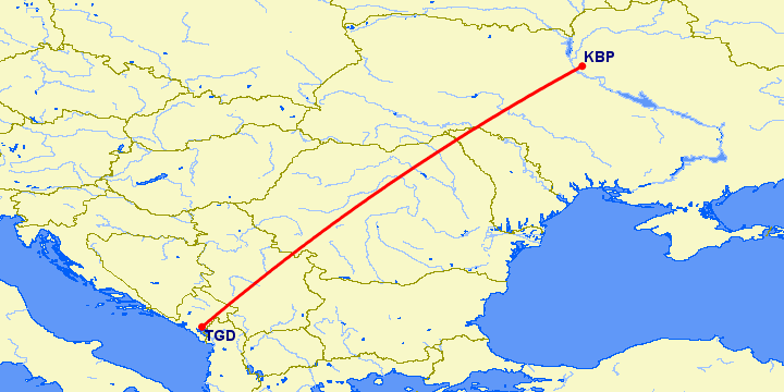 перелет Подгорица — Киев на карте