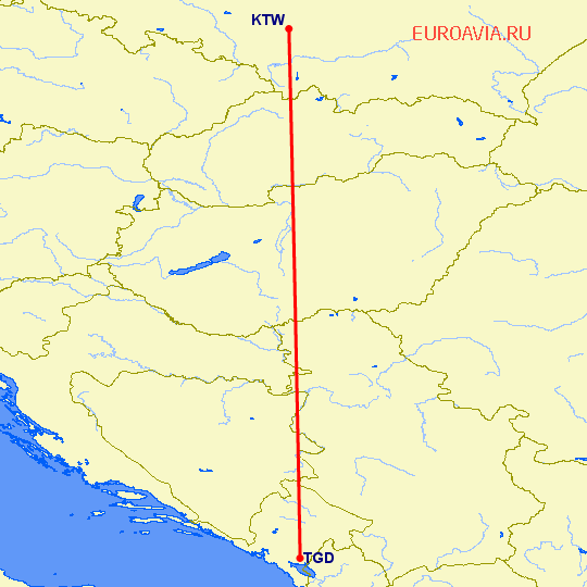 перелет Подгорица — Катовице на карте