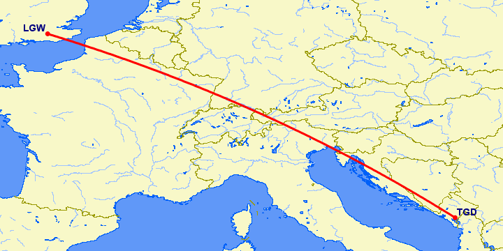 перелет Подгорица — Лондон на карте