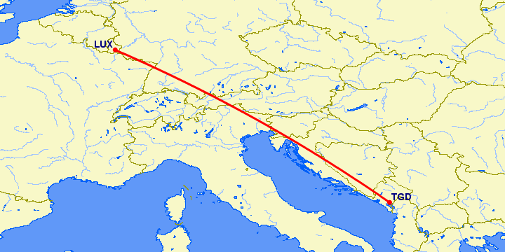 перелет Подгорица — Люксембург на карте