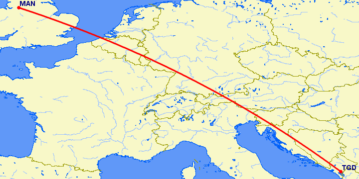 перелет Подгорица — Манчестер на карте