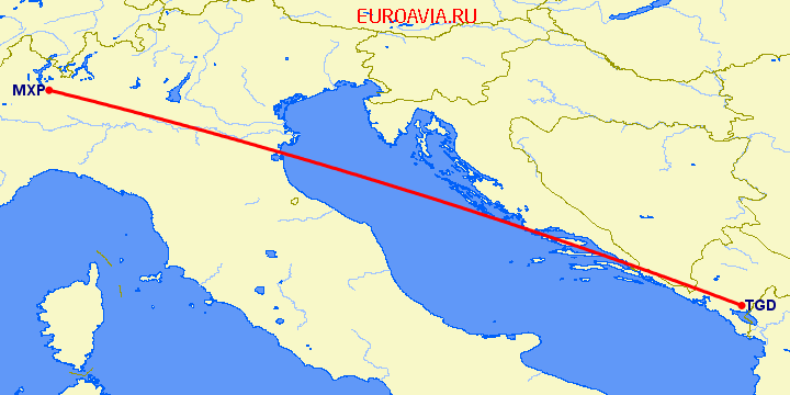 перелет Подгорица — Милан на карте