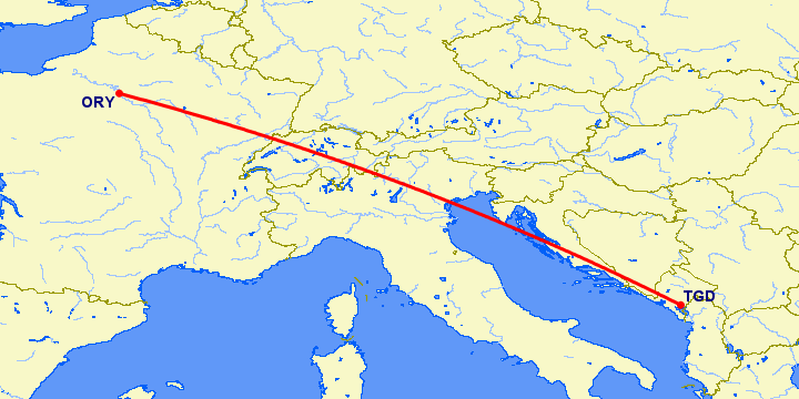 перелет Подгорица — Париж на карте
