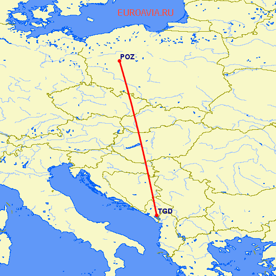 перелет Подгорица — Познань на карте