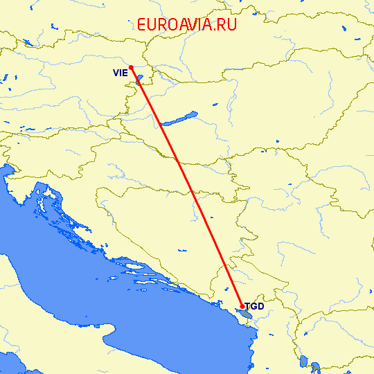 перелет Подгорица — Вена на карте