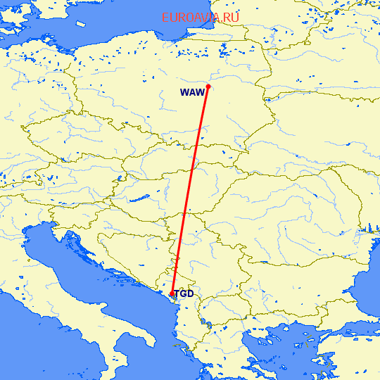перелет Подгорица — Варшава на карте