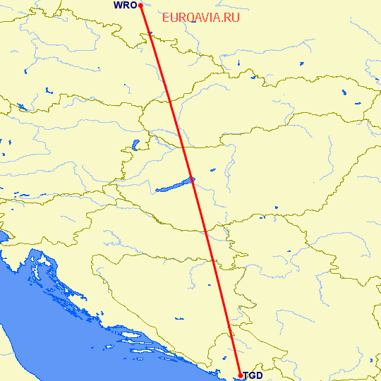 перелет Подгорица — Вроцлав на карте
