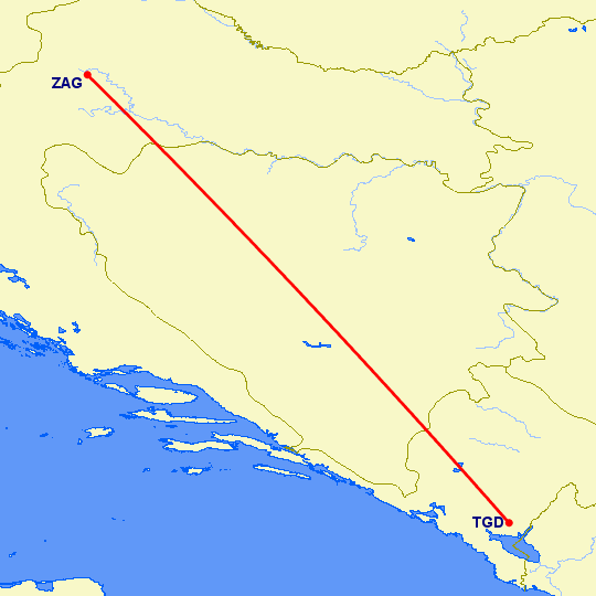 перелет Подгорица — Загреб на карте