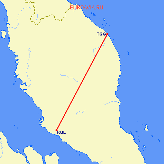 перелет Куала Теренгану — Куала Лумпур на карте