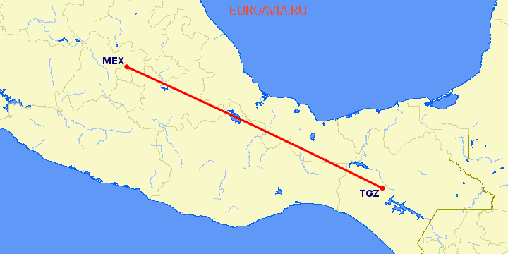перелет Тухтла Гутьеррес — Мексико Сити на карте