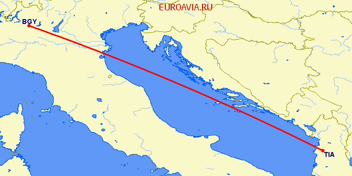 перелет Тирана — Бергамо на карте