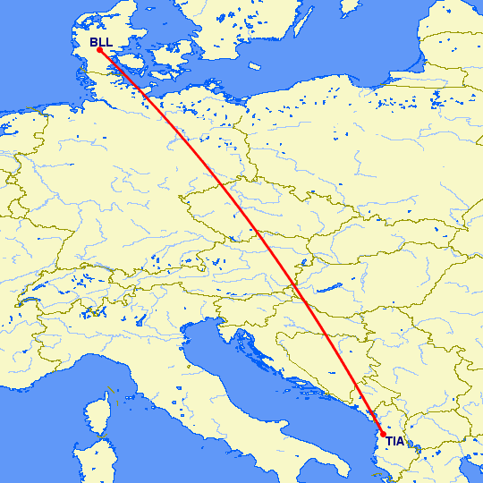 перелет Тирана — Биллунд на карте