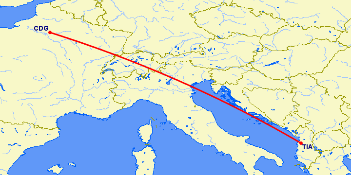 перелет Тирана — Париж на карте