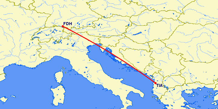 перелет Тирана — Фридрихсхафен на карте