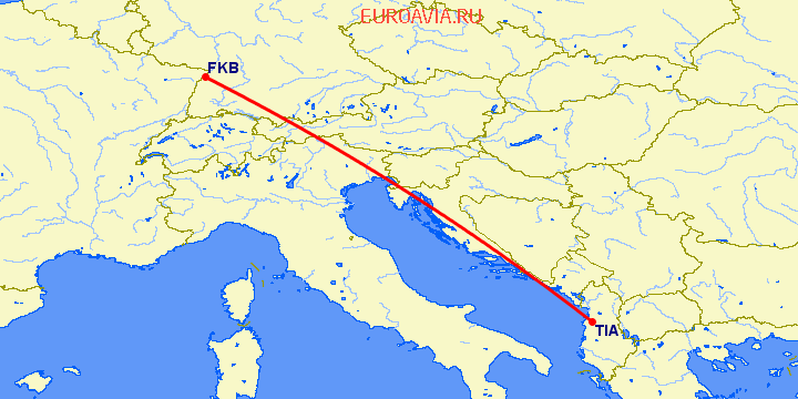 перелет Тирана — Карлсруэ-Баден Баден на карте