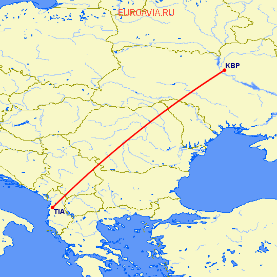 перелет Тирана — Киев на карте
