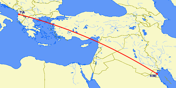 перелет Тирана — Кувейт на карте