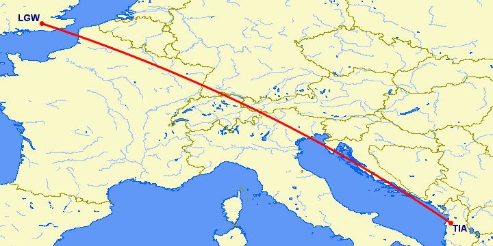 перелет Тирана — Лондон на карте