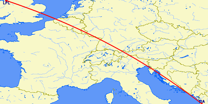 перелет Тирана — Ливерпуль на карте