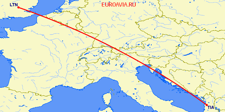 перелет Тирана — Luton на карте
